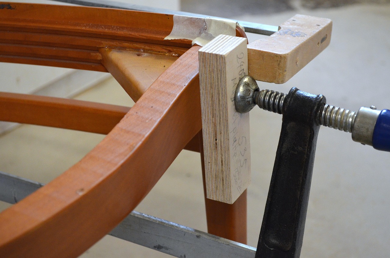A glued-up frame held in clamps while the joint sets.
